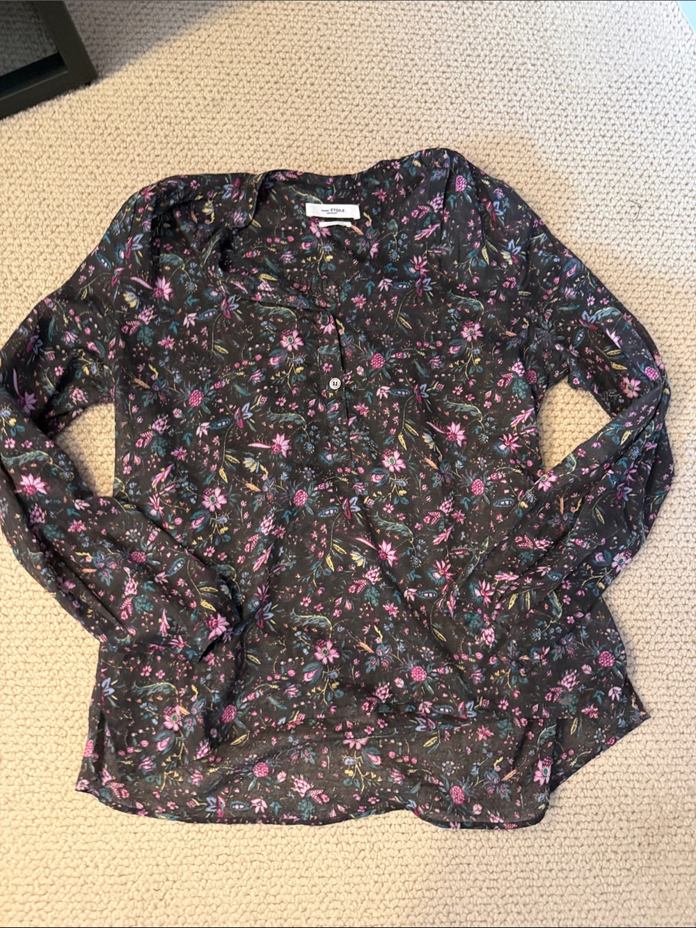 Isabel Marant Black Floral Button-Down Shirt with Pink & Blue Blossoms